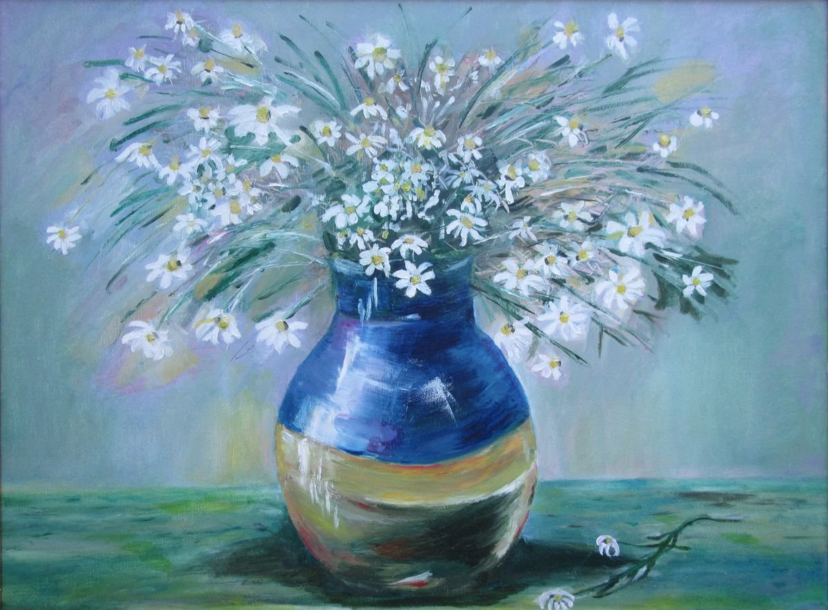 Daisies in a Jar - Modern Traditional Still Life Blue White Texture Field Wildflowers Art... by Katia Ricci