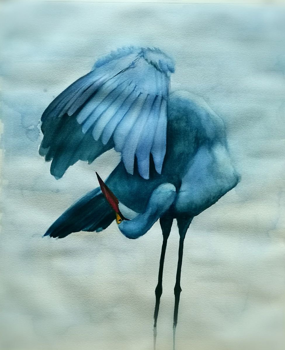 Expressive Animal Watercolour By Daniela Roughsedge, 22 X 30, Signs Of Spring - Crane, Original Artwork