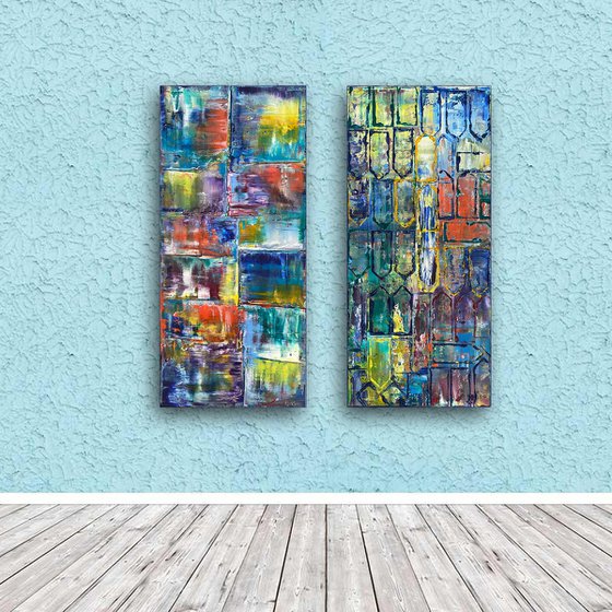 "Standing Up For Each Other" - Original PMS Abstract Diptych Oil Paintings On Wooden panels - 28" x 32"