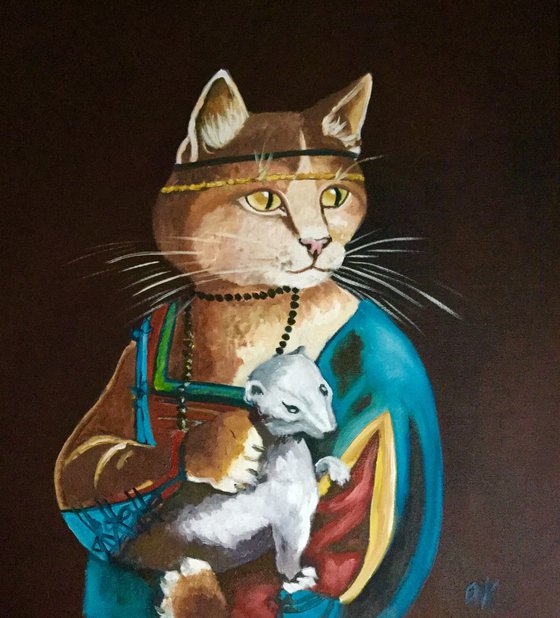 Cat with ermine . FELINE ART. Painting  for cat lovers.