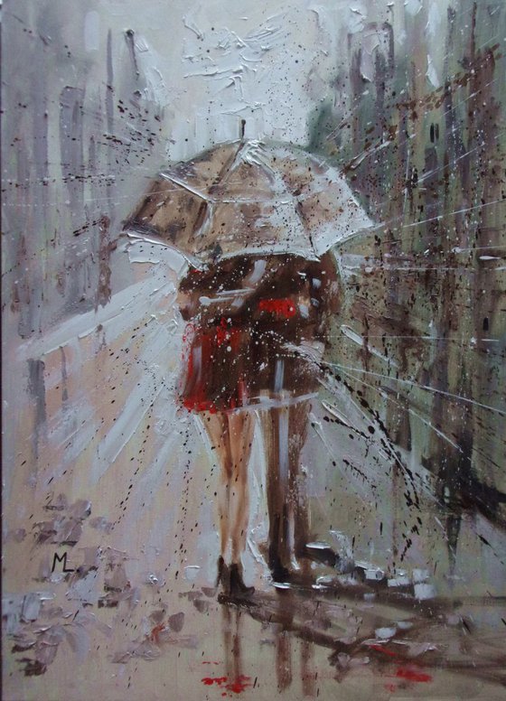 " A DATE ... "  WINTER SNOW VALENTINES DAY original painting CITY palette knife GIFT