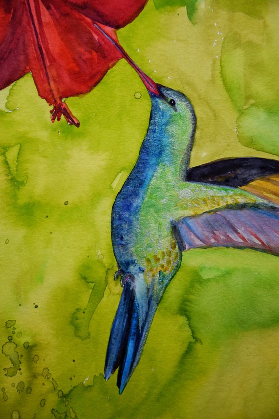 Hummingbird Watercolour Painting, Flower Original Artwork, Tropical Home Decor