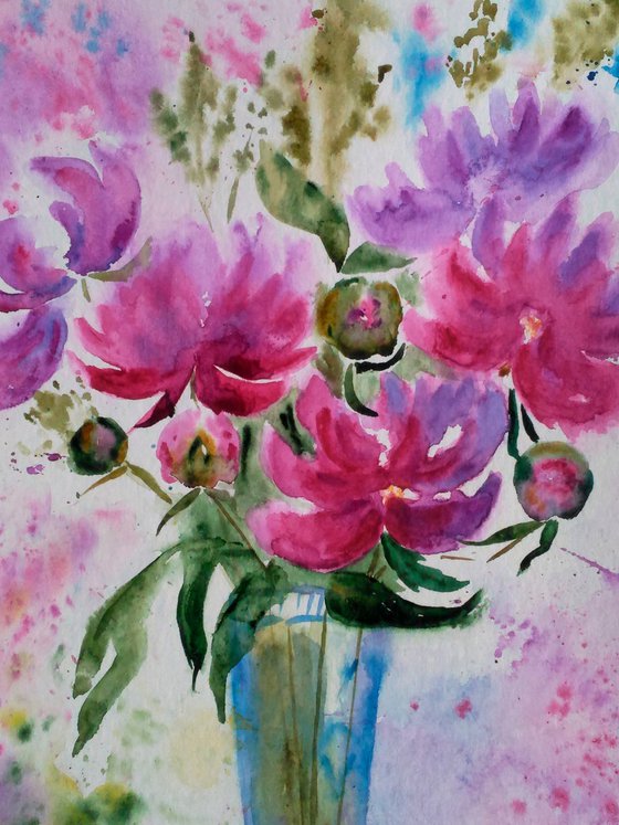 Peony Painting Floral Original Art Flower Watercolor Still Life Artwork 12  by 17