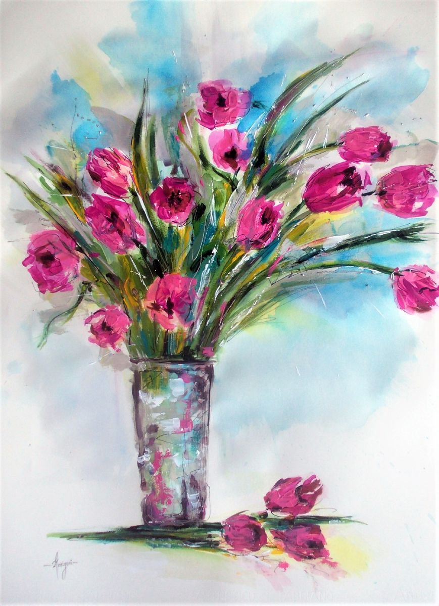 Pink Tulips - Watercolor , Acrylic Tulip In A Vase Painting by Antigoni Tziora