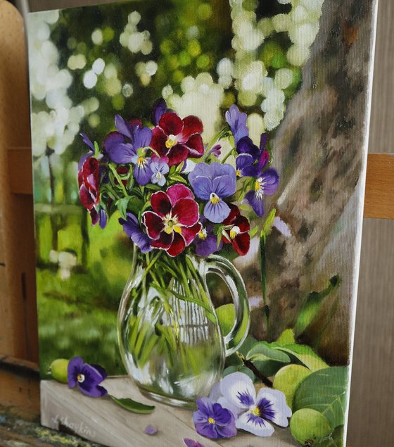 Pansies in Glass Jug