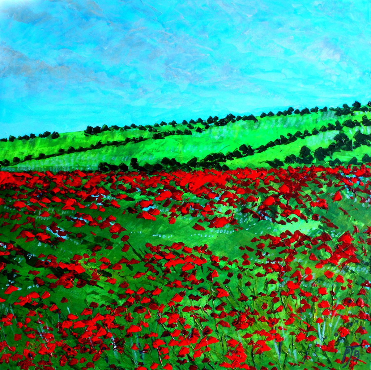 Impressionistic Landscape Acrylic Painting By Paul J Best, 24 X 24", Hampshire Poppy Field, Original Artwork