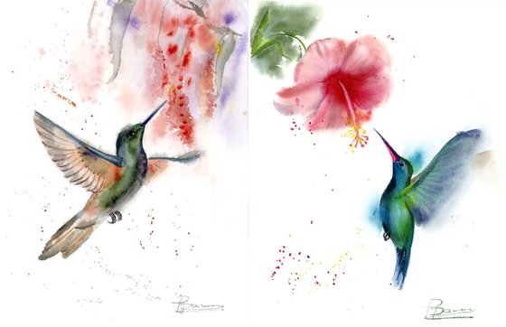 Set of 2 Hummingbirds  - Original Watercolor Paintings