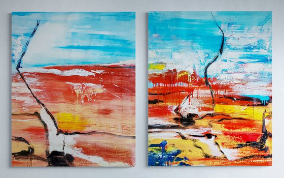 Distantes N-1, N-2 (XXXL) - ABSTRACT EXPRESSIONIST Landscape Diptych (H)120x(W)192 cm.