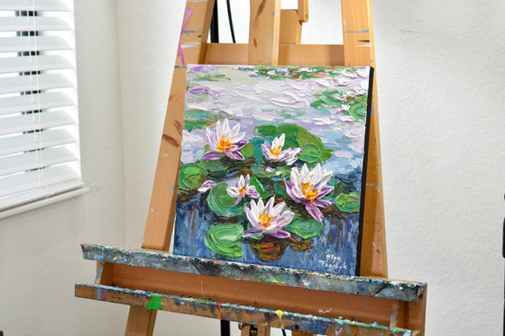 Water Lilies Pond - Impasto Floral Art, Palette Knife Painting