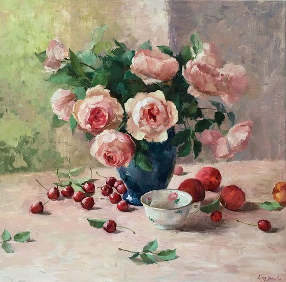 Austin Roses with Still Life