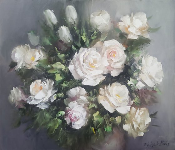 White roses  (60x70cm, oil painting, ready to hang)