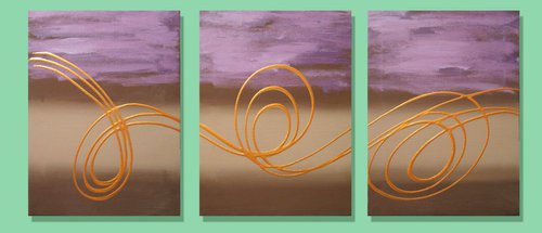 Purple and gold  3 panel canvas wall abstract by Stuart Wright