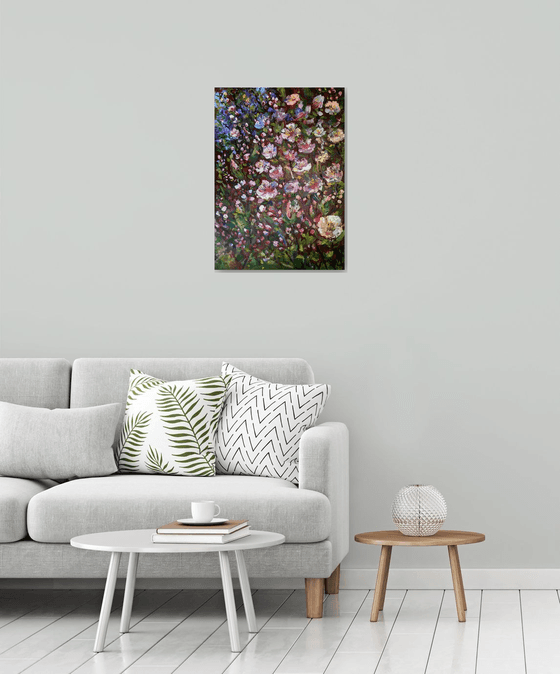 Spring blooming, acrylic floral painting, palette knife