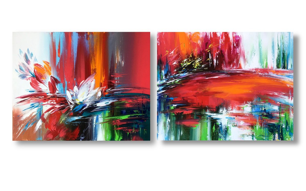 Abstract Botanical Oil Painting By Olena Romanenko, 39 X 16", Poppy Duet, Original Artwork