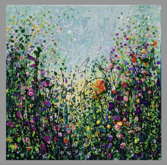 Meadow Full of Flowers Abstract Original Acrylic Painting 16”X16”X1.5”  on Canvas influenced by Jackson Pollock's Style
