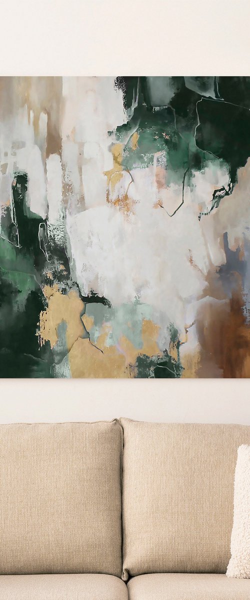 "Green Flood" Green gold brown abstract art by Yana Sagan