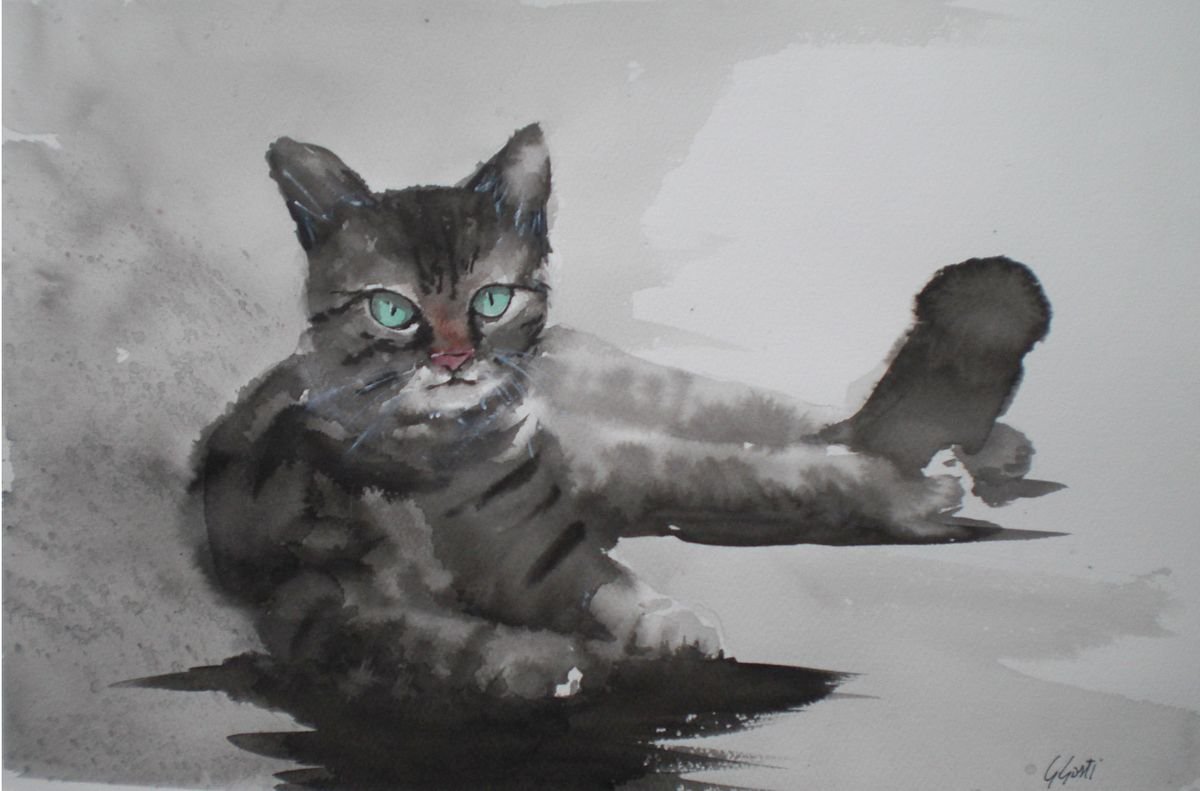 Expressive Animal Watercolour By Giorgio Gosti, 17 X 11, Lying Cat, Original Artwork