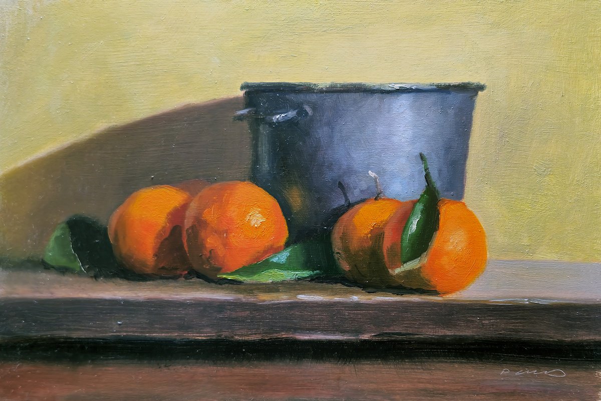 Impressionistic Still Life Oil Painting By Pascal Giroud, 12 X 8", Tangerines And A Saucepan, Original Artwork
