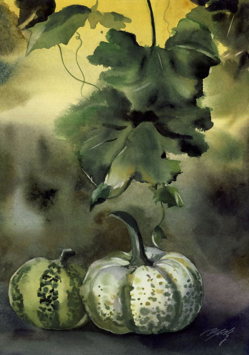 Autumn still life with pumpkins by Alfred Ng