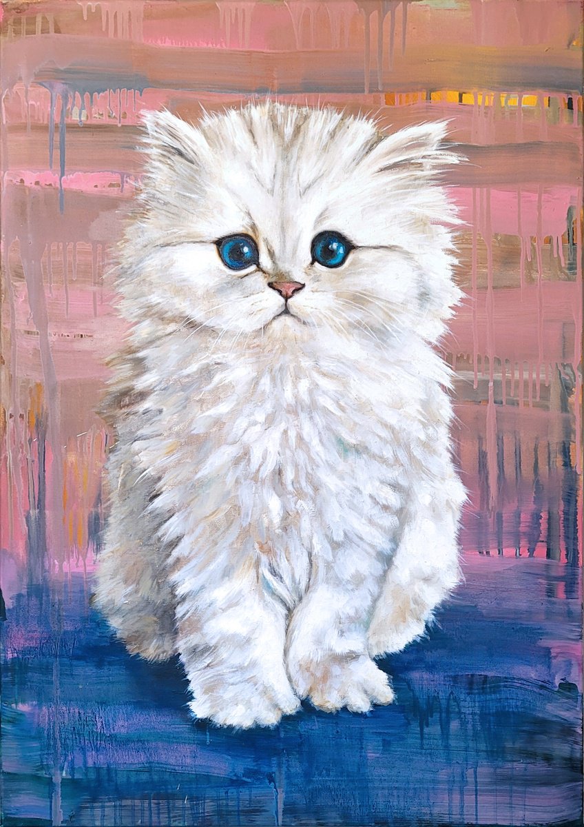 Animal Oil Painting By Lisa Braun, 28 X 39", Little Kitty, Big Time, Original Artwork