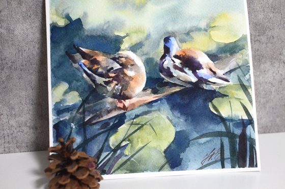 Couple of ducks on the river, Watercolor painting