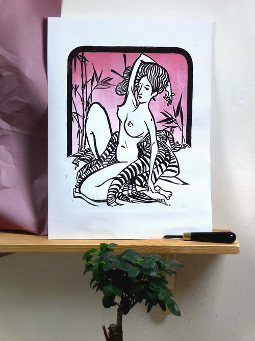 Pink Nude, Linocut, 2023. by Marin Victor