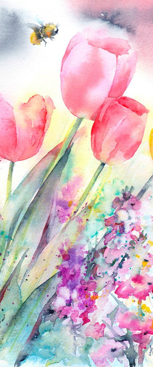 Bee on tulips by Anjana Cawdell