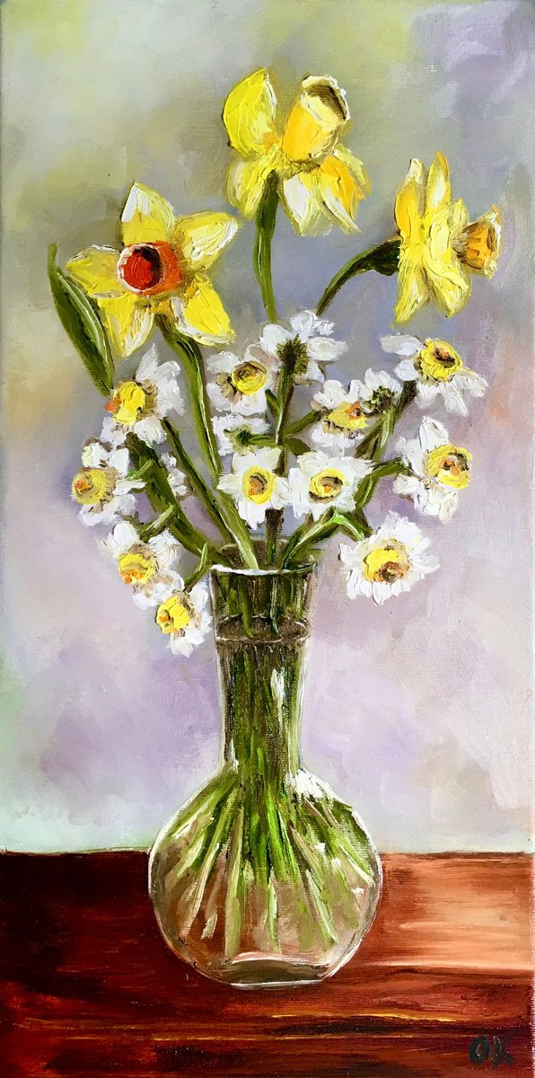 Bouquet of Daffodils #6 on wooden table, still life inspired by spring in a glass. by Olga Koval