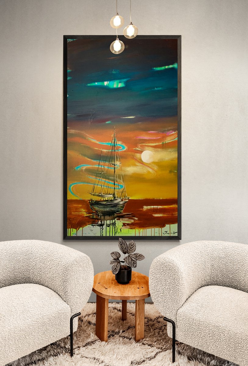 Big Vertical painting - Orange sunset - Boat - Sailboat - Seascape - Ocean - Sunset by Yaroslav Yasenev