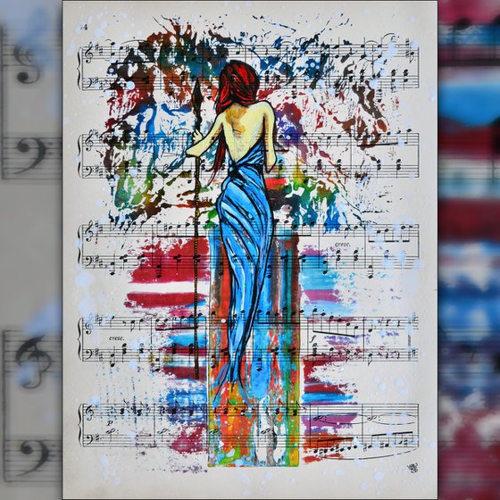 Girl In The Blue Dress - Collage Art on Real Vintage Sheet Music Page