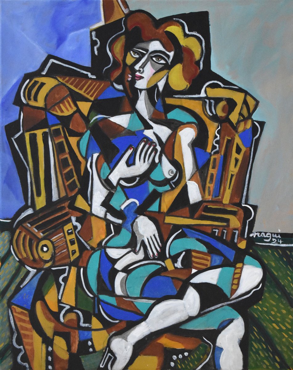 Expressive Portrait Acrylic Painting By Nagui, 16 X 20", Seated Model, Original Artwork
