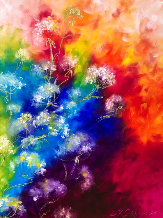 RAINBOW FLOWER SWIRL - Abstract flowers. Rainbow dandelions. Flower field. Red and blue. Pooh. Summer. Emotions.