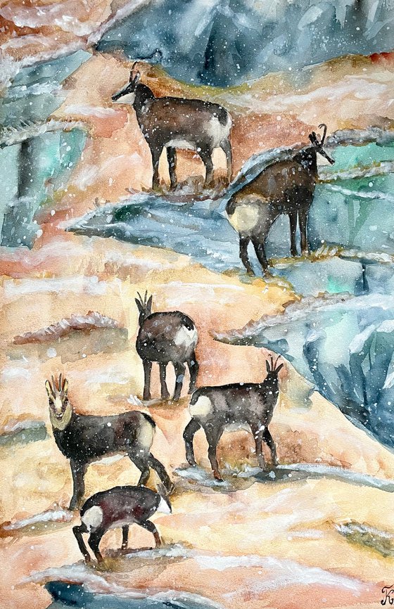 Mountain Large Original Watercolor Painting, Chamois Artwork, Goat Wall Art, Snowy Landscape Art, Farmhouse Home Decor