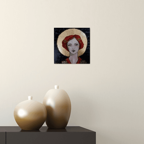 Female redhead icon on wooden panel 20 x 20 cm. "Angela."