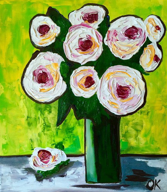 BOUQUET OF White Roses  #10 palette  knife Original Acrylic painting office home decor gift