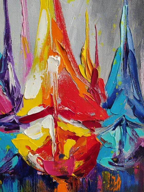 Yacht racing - starry sky, yacht, boats, oil painting, yacht club, sea with yachts, yacht original painting, seascape, yacht original painting, gift