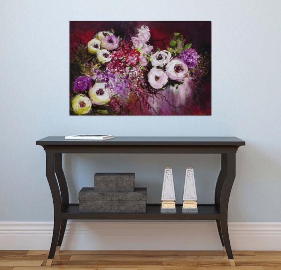 Pink Roses White Hydrangeas Abstract Floral Landscape Painting. Red Purple Flowers Art. Modern Impressionistic Art