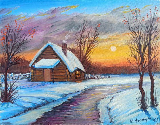 A fairytale winter (30x24cm, oil painting, ready to hang)