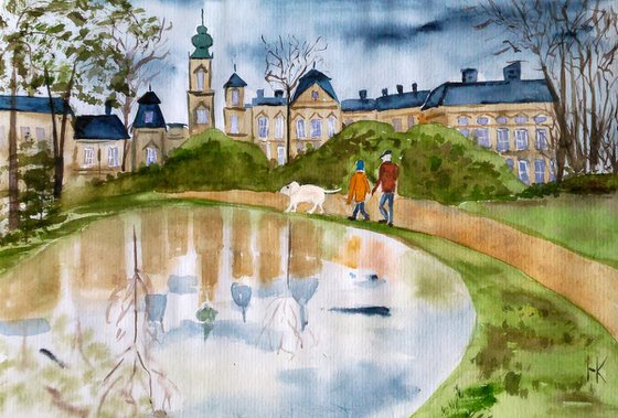 palace park couple dog original impressionistic watercolor painting " Walk in the old park "