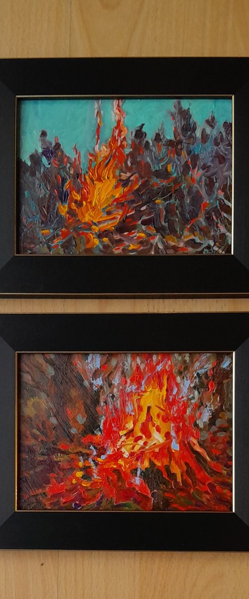 Small Fires on a Cold Night Diptych by Mary Kemp