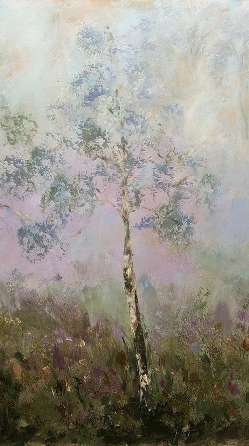 Birche trees in misty landscape by Jacqualine Zonneveld