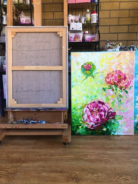 WINDOW TO THE GARDEN - Peonies. Diptych. Pink peony. Chrysanthemums. White. Voluminous bud. Macro style. two paintings. Flower set.