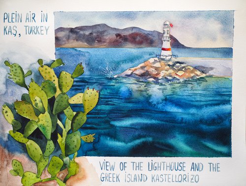 View of the lighthouse and greek island, plein air in Kas, Turkey - original watercolor by Delnara El