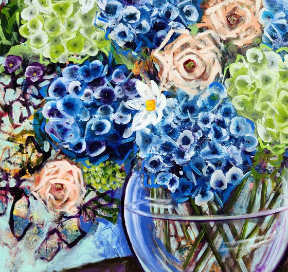 Blue Hydrangea and Roses