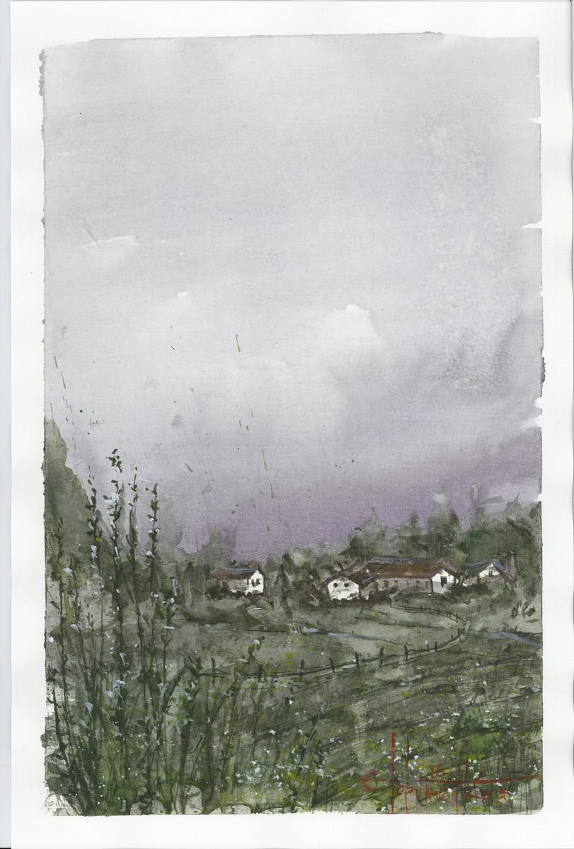 Impressionistic Landscape Watercolour By Eugene Gorbachenko, 9 X 15, Village, Original Artwork