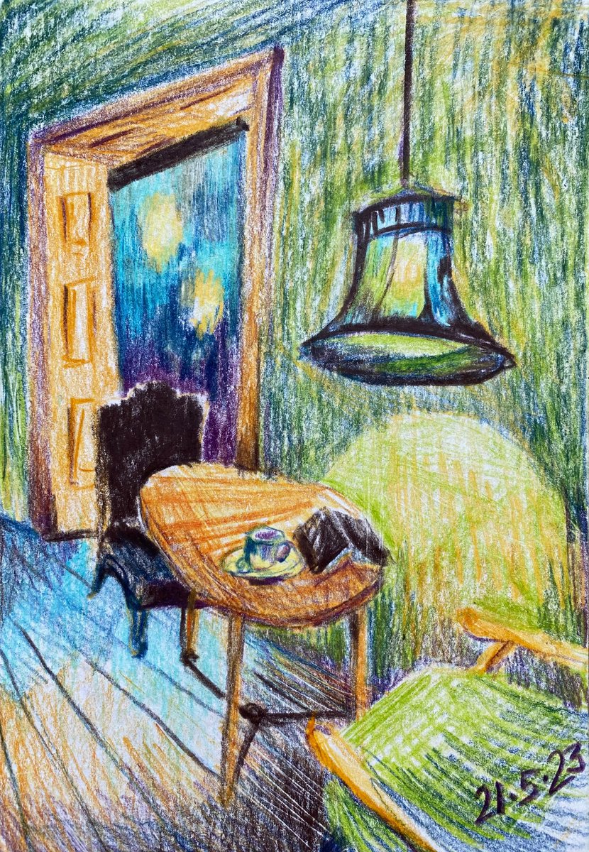 colorful cafe interior - pencil drawing by Anna Boginskaia