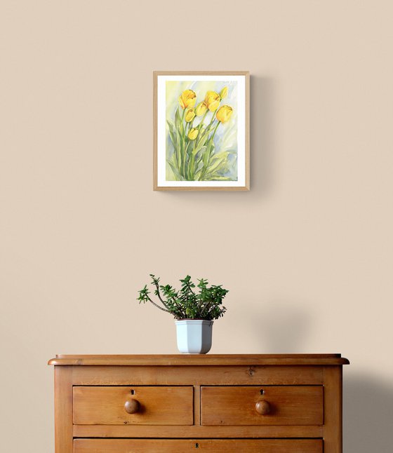 Yellow tulips / ORIGINAL watercolor 11x15in (28x38cm)