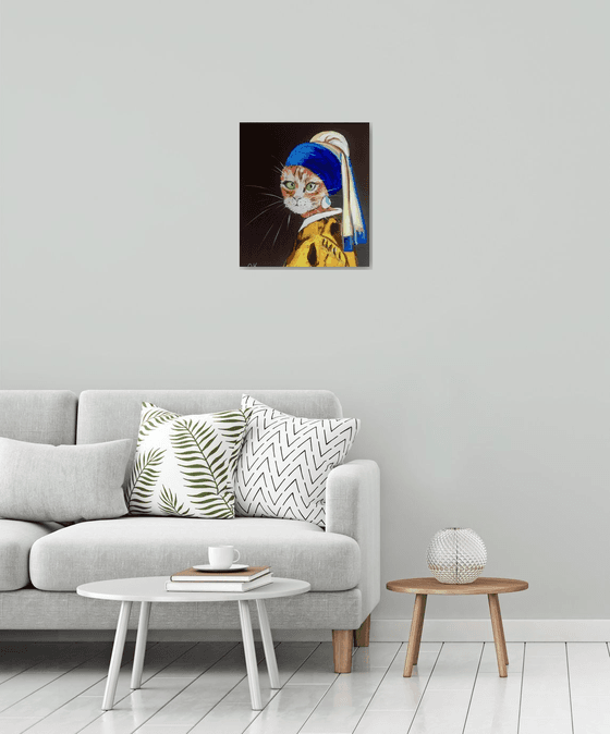 Cat with the pearl earring inspired by Vermeer painting feline art for cat lovers gift idea