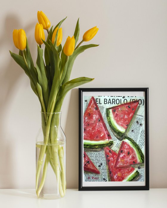 "Watermelon Slices on Newspaper" Original Oil on Canvas Board Painting 7 by 10 inches (18x24 cm)