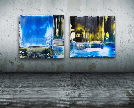 "Cold Front" - Save As A Series - Original PMS Abstract Acrylic Painting Diptych On Recycled Wooden Desk Panels - 54" x 26"